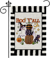 Halloween Boo Y'All Pumpkin Ghost Garden Flag Black Cat Watercolor Stripe Halloween Yard Flag Double Sized Burlap Farmhouse Outdoor Yard Decor 12.5 X 18 Inch (Stripe Boo Y'All)
