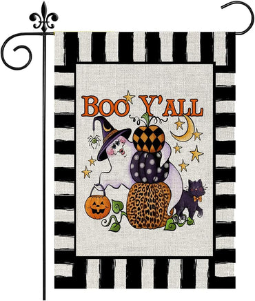Halloween Boo Y'All Pumpkin Ghost Garden Flag Black Cat Watercolor Stripe Halloween Yard Flag Double Sized Burlap Farmhouse Outdoor Yard Decor 12.5 X 18 Inch (Stripe Boo Y'All)