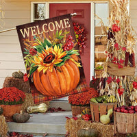 Hello Fall Garden Flag Buffalo Checkered Pumpkin Sunflower Decoration 12 X 18 Double Sided Outdoor Porch, Thanksgiving Farmhouse Lawn Decoration