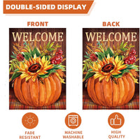 Hello Fall Garden Flag Buffalo Checkered Pumpkin Sunflower Decoration 12 X 18 Double Sided Outdoor Porch, Thanksgiving Farmhouse Lawn Decoration